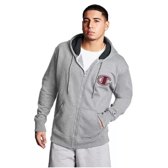 Champion Powerblend Fleece Zip Hoodie * Grey, Chainstitch Outline C Logo MSs42 - Picture 2 of 3